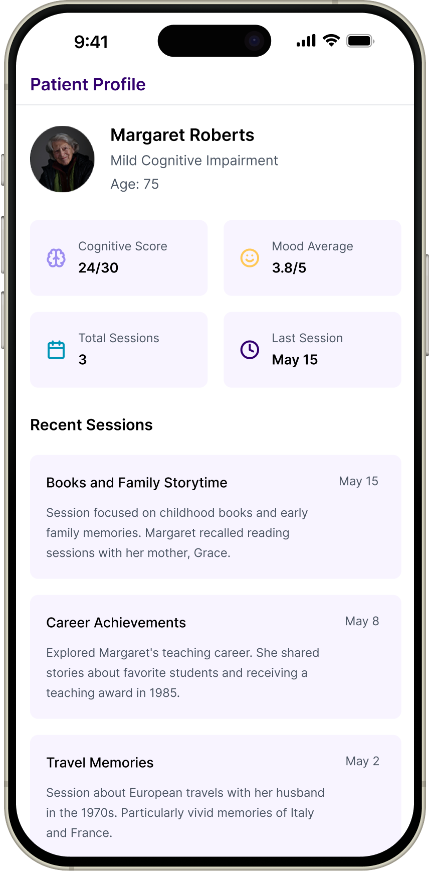 Patient Insights – View cognitive engagement metrics and mood trends and track your loved one's progress over time.